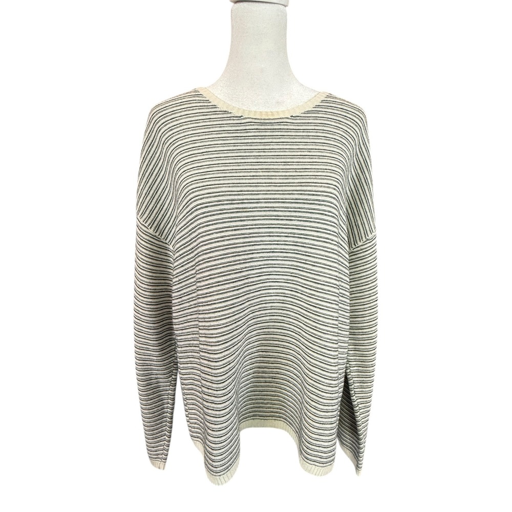 Eileen Fisher Striped Sweater Womens Small Cream Black Organic Cotton Silk Blend